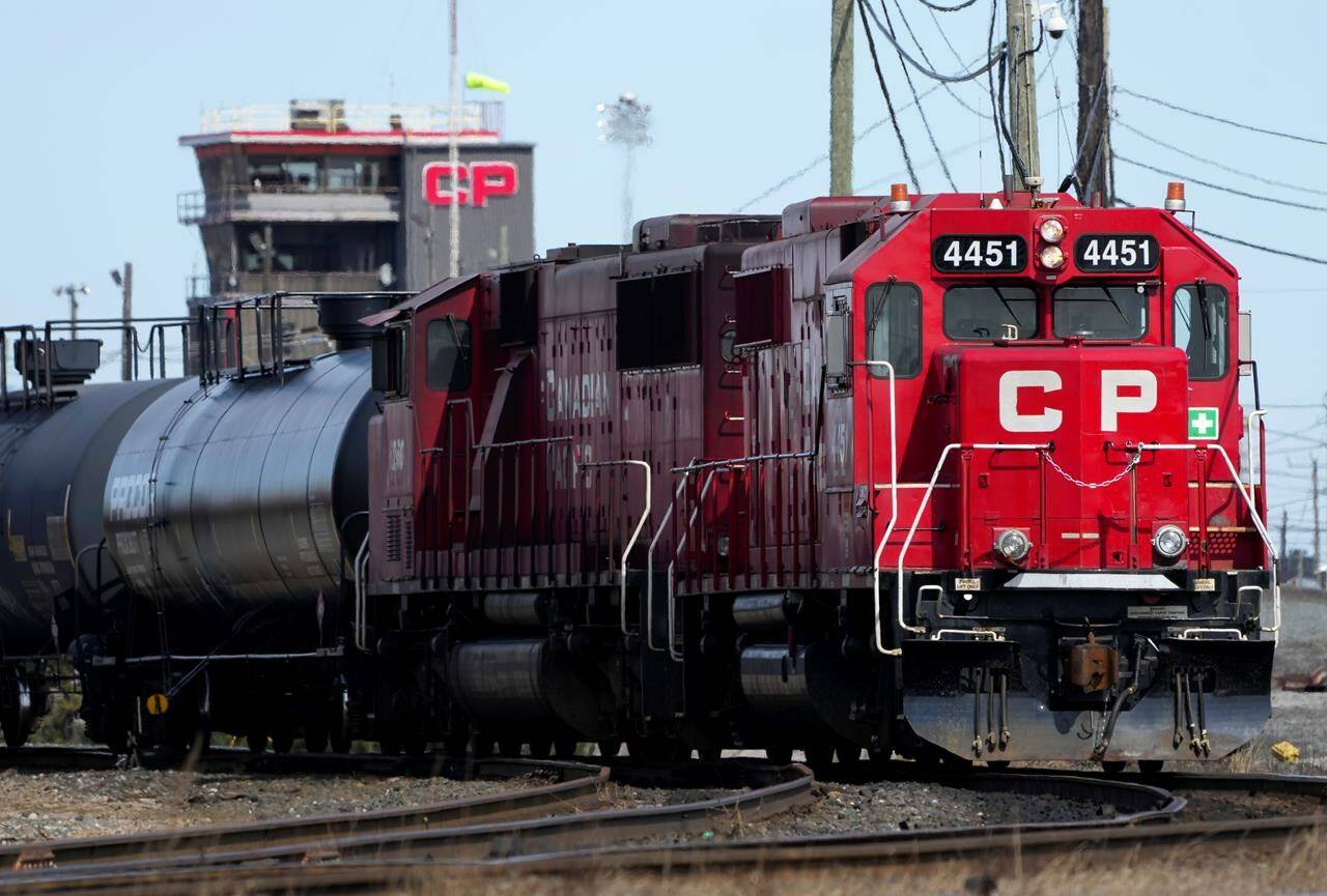 A Canadian Pacific Railway locomotive is shown at the main CP Rail train yard in Toronto on Monday, March 21, 2022. Canadian Pacific Railway Ltd. says it will officially combine with Kansas City Southern Railway Co. on April 14 under a new name, Canadian Pacific Kansas City.THE CANADIAN PRESS/Nathan Denette