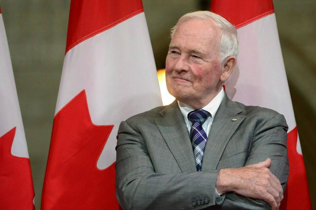 David Johnston looks on during a farewell reception in Ottawa on Thursday, Sept. 28, 2017. Former governor general Johnston says he will have a hand in determining his own mandate as special rapporteur on foreign interference in recent federal elections.THE CANADIAN PRESS/Sean Kilpatrick