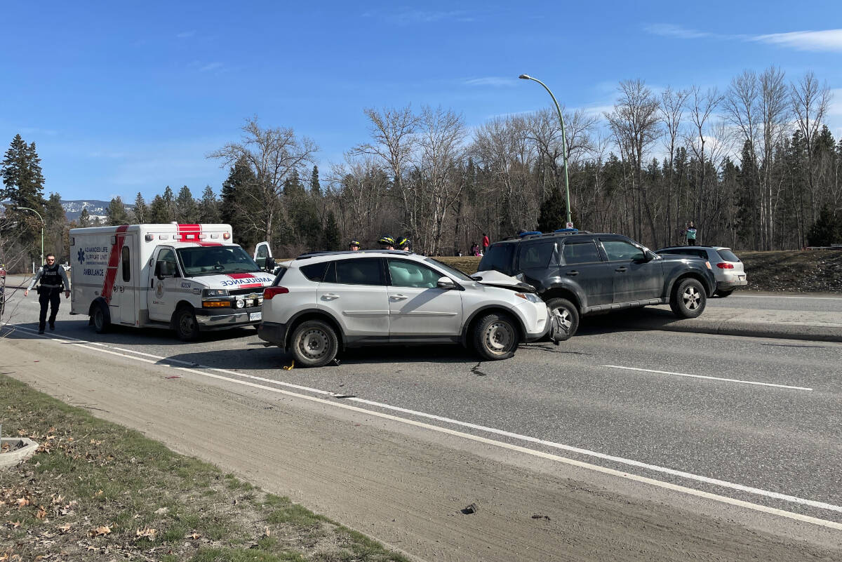 A two-vehicle crash at Springfield Road between Leckie and Durnin Road is stalling traffic on Saturday, March 18. (Jordy Cunningham/Capital News)