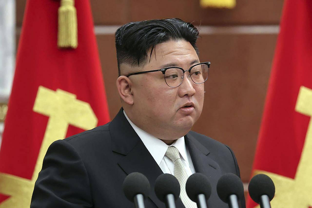 FILE - In this photo provided by the North Korean government, North Korean leader Kim Jong Un speaks during a meeting of the ruling Workers’ Party at its headquarters in Pyongyang, North Korea, Feb. 26, 2023. Independent journalists were not given access to cover the event depicted in this image distributed by the North Korean government. The content of this image is as provided and cannot be independently verified. Korean language watermark on image as provided by source reads: “KCNA” which is the abbreviation for Korean Central News Agency. (Korean Central News Agency/Korea News Service via AP, File)