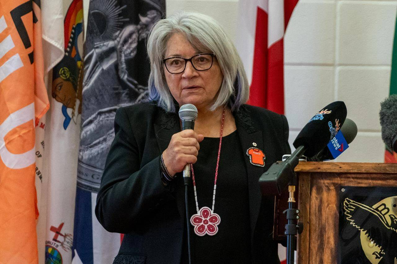 Governor General of Canada Mary Simon speaks during a visit to Bernard Constant Community School at James Smith Cree Nation, Sask., on Wednesday, September 28, 2022. Simon is using her role to help build ties between Indigenous people across the globe — an effort experts say is leveraging a colonial institution to advance reconciliation abroad and bolster centuries of collaboration. THE CANADIAN PRESS/Heywood Yu