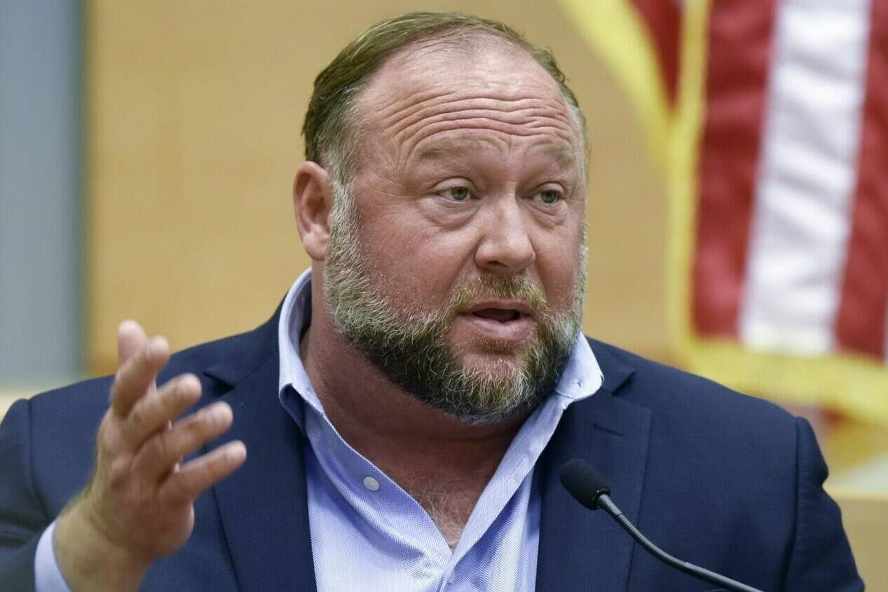 FILE - Conspiracy theorist Alex Jones takes the witness stand to testify at the Sandy Hook defamation damages trial at Connecticut Superior Court in Waterbury, Conn. Thursday, Sept. 22, 2022. (Tyler Sizemore/Hearst Connecticut Media via AP, Pool, File)