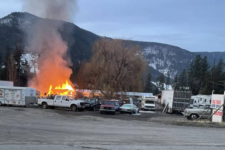 Fire broke out late Sunday, March 19, at the Whispering Pines Motel on Highway 97 between Vernon and Falkland. (Facebook photo)