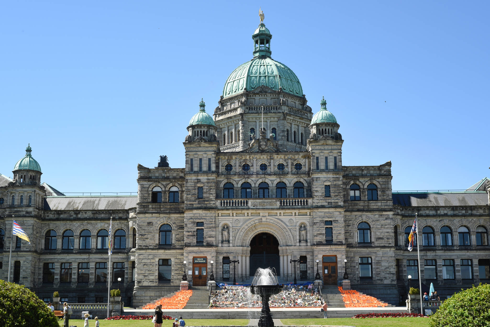 June 21, 2021 - The front of the BC Legislature's Parliament building designed by architect Frances Rattenbury. Don Denton photograph