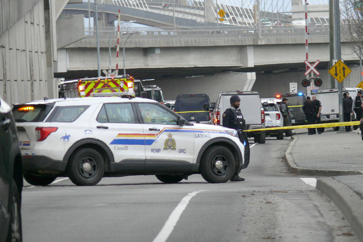 At least eight Langley RCMP vehicles were in the area of 201st Street and 96th Avenue early in the afternoon Wednesday, Feb. 8. following the incident. (Langley Advance Times files)