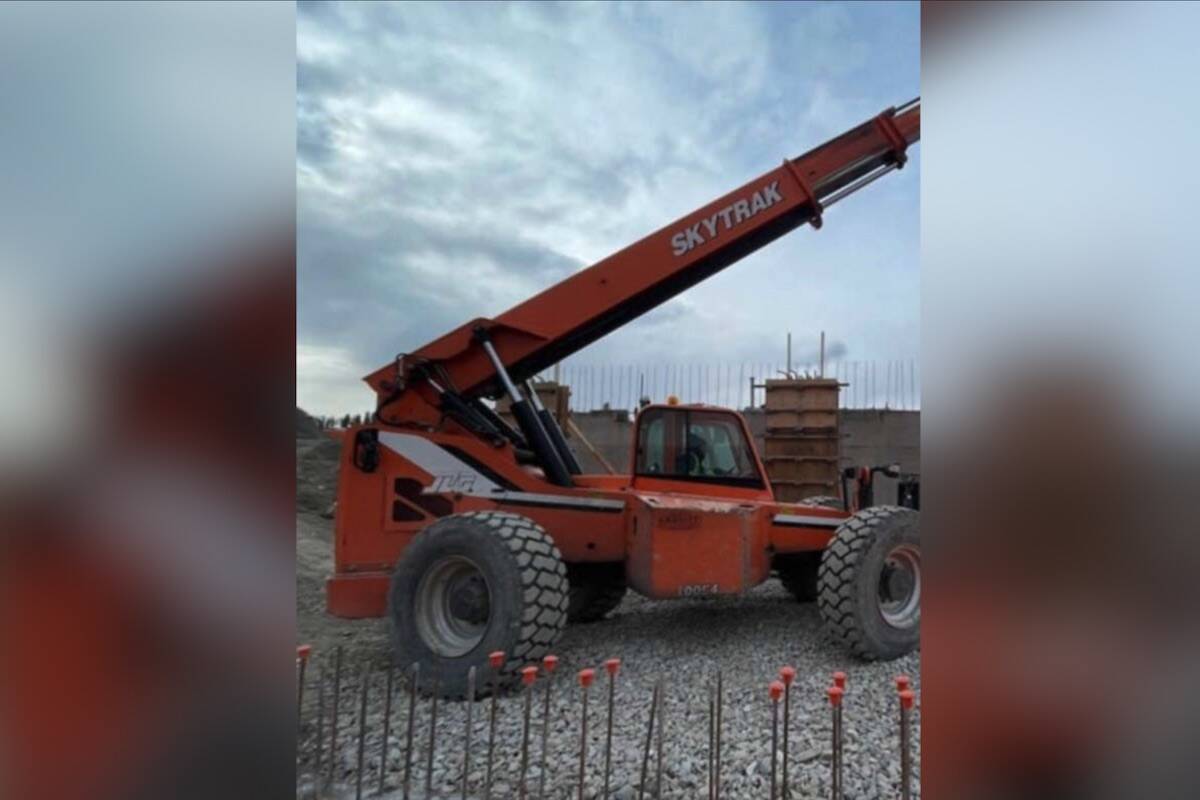 An orange Skytrak Telehandler was stolen from a construction site in Kelowna on the evening of March 19, 2023. (Kelowna RCMP/Submitted)