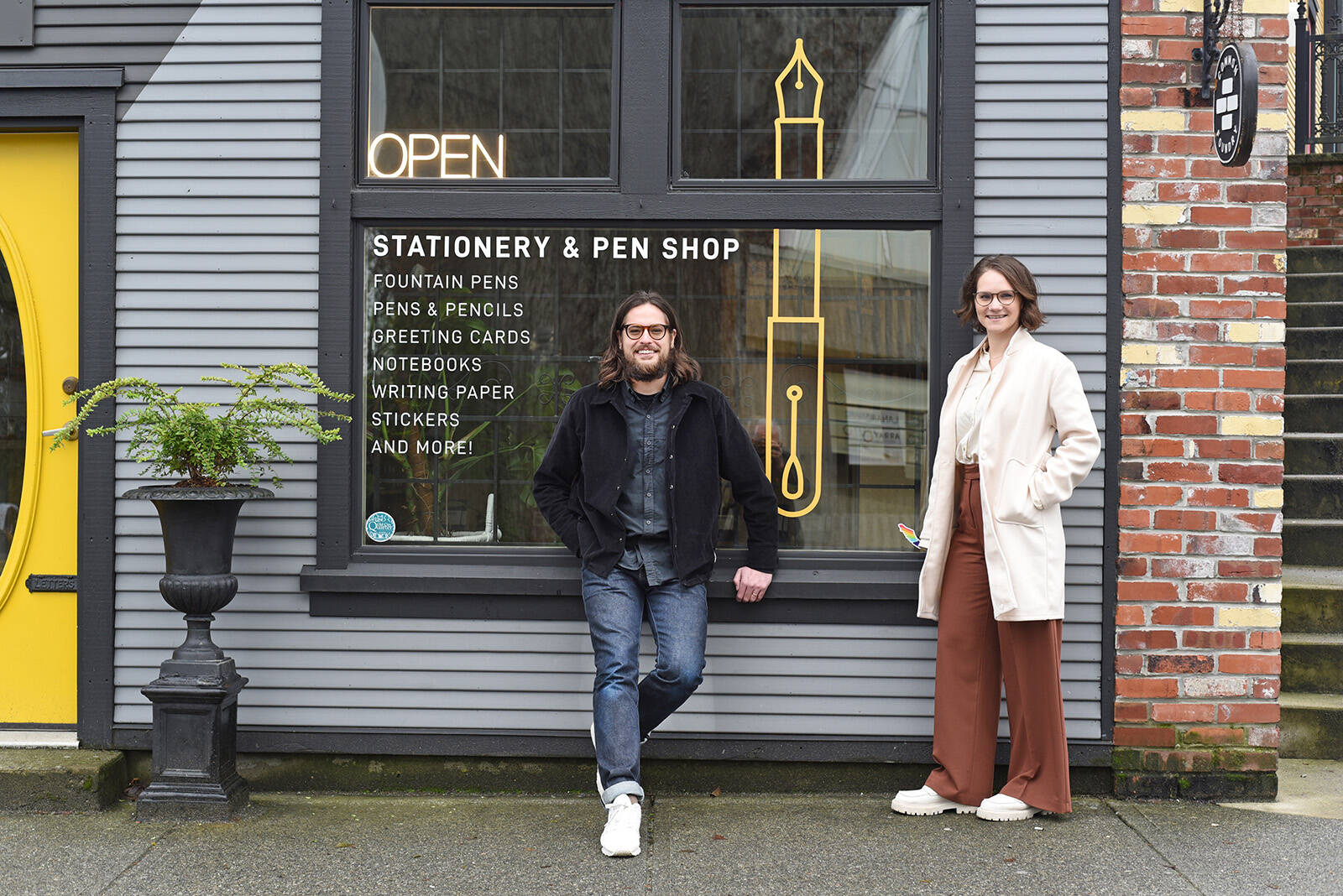 January 17, 2023 -Cory Landels and Laura Berlanda stand outside their Common Foundry stationary and pen shop on Wallace Street in Nanaimo . Don Denton photo