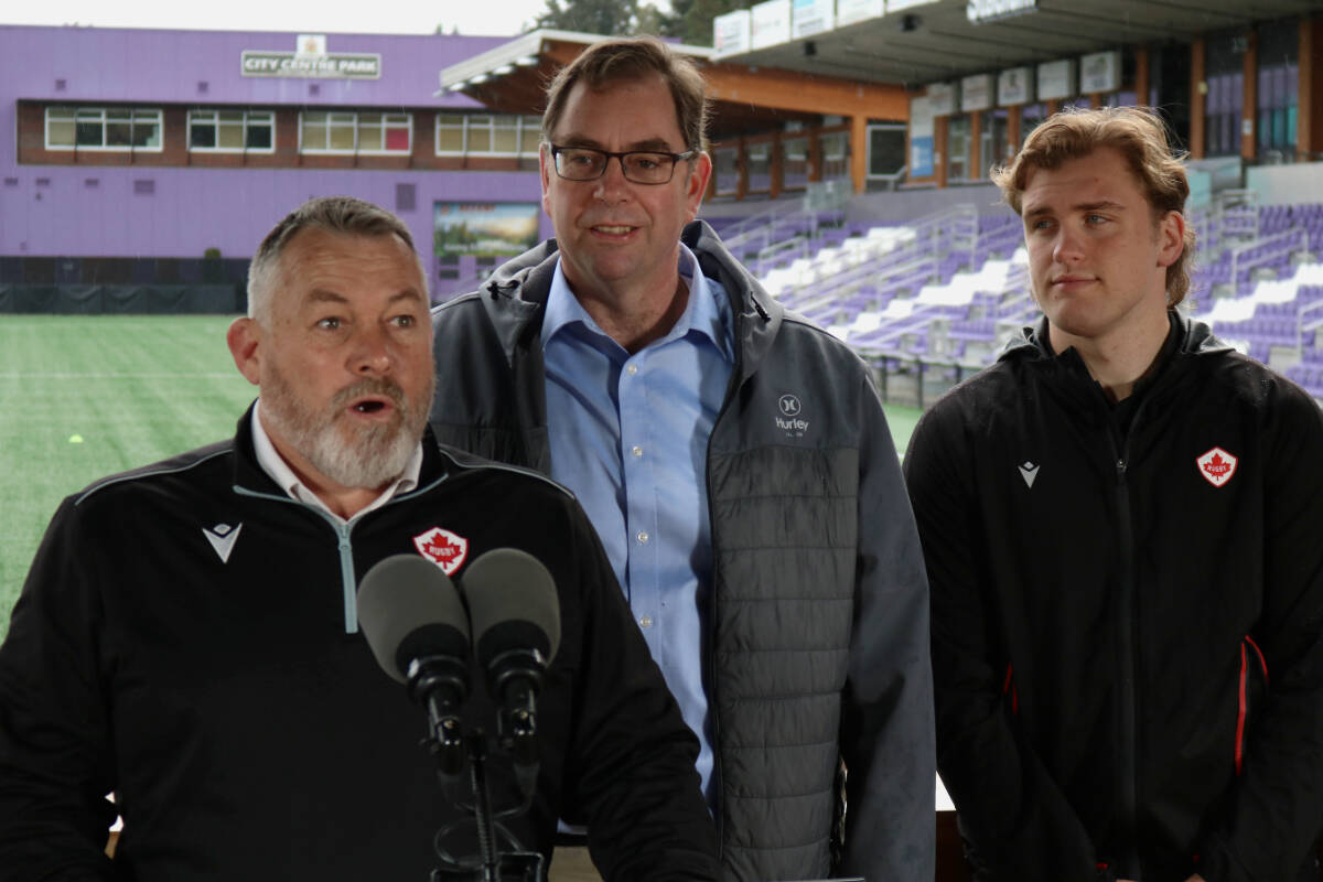 Gareth Rees, commercial and program relations for Rugby Canada speaking at the announcement alongside Langford Mayor Scott Goodmanson and Rugby Canada men’s team member Jake Thiel. (Bailey Moreton/News Staff)
